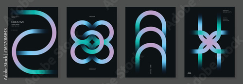 Modern gradient poster on dark background vector set. Cover template with vibrant perspective geometric shapes different. Modern Design for wall art, flyers, brochures, covers and web banners.