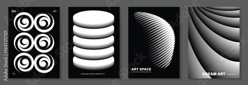 Abstract monochrome poster background vector set. Modern cover template with black and white perspective geometric prism shape, line, dot halftone. Ideal design for social media, banner, ads.