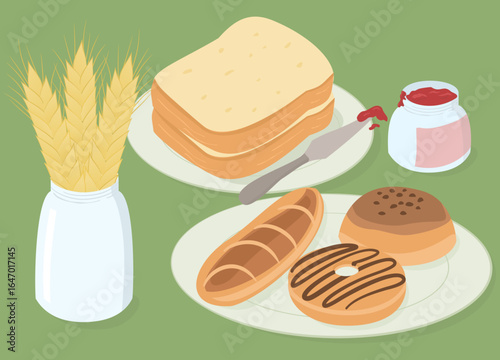 Illustration of fresh bread slices, wheat stalks in a vase, jam jar, and assorted bakery items on a plate. Perfect for bakery, breakfast, and food-related concepts.