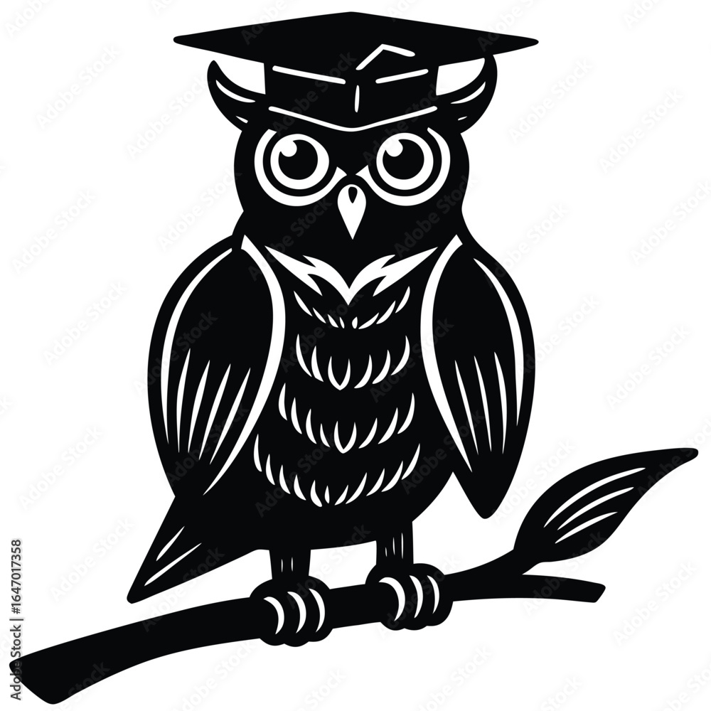 Obraz premium Black owl wearing graduation cap perched on branch