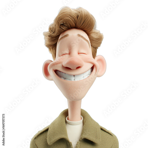 Happy cartoon man with a big joyful smile, 3d illustration, isolated on transparent background
