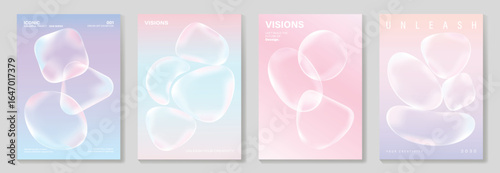 Modern gradient liquid glass poster background vector set.Cover template with perspective geometric prism shape. Ideal design for social media, cover, banner, wallpaper, promotion, ads.