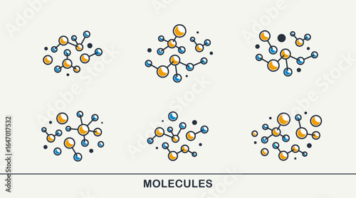Chemical molecules vector icons set, chemistry science theme, laboratory research and experiments, pharmacology and healthcare.