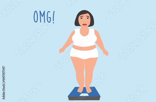 Weight loss concept - fat overweight woman stands on body scale vector illustration