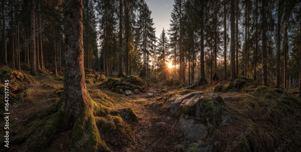 Obraz premium Sunlight streams through a mossy forest
