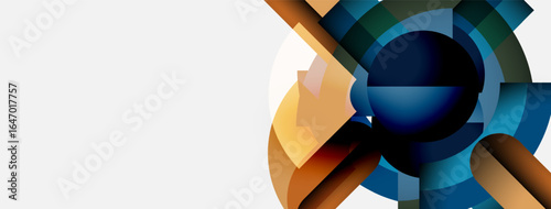 Abstract geometric design. Circular shapes intersect, creating dynamic visual effect. Colors include blue, gold, brown tones. Minimalist style.