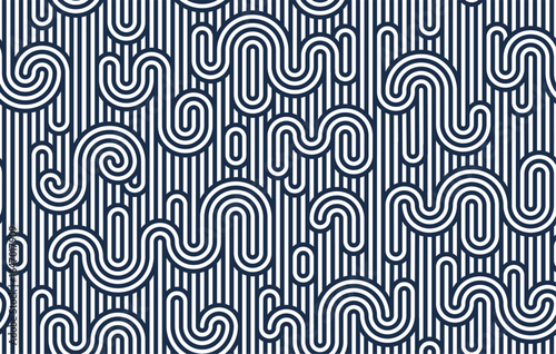 Funky lines seamless pattern, vector abstract geometric background with parallel and curvy lines, Asian style tiling wallpaper.