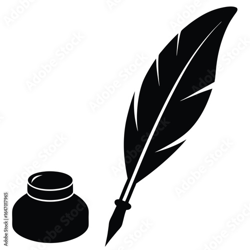 Black quill pen and inkwell illustration writing vintage
