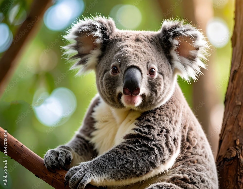 Fototapeta premium Close-up of an adorable koala sitting on a tree branch in natural habitat