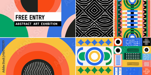 Vibrant abstract art exhibition announcement with geometric patterns