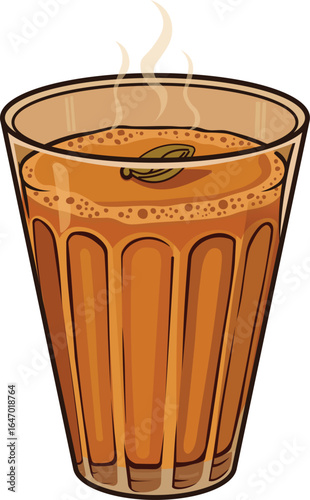 Hot Indian Masala Chai in Glass with Cardamom, Steaming Traditional Beverage Illustration