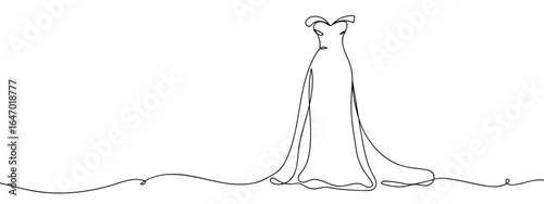 Continuous hand drawn line drawing of wedding dress, dress, isolated on transparent background, editable stroke.