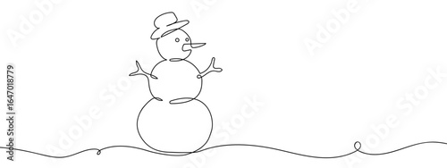 Continuous hand drawn line of snowman, isolated on transparent background, editable stroke.