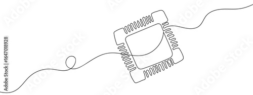Continuous hand drawn line of isolated computer chip on transparent background, editable stroke.