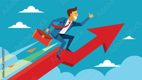 Businessman rides a red arrow pointing up holding a briefcase in a blue sky with clouds