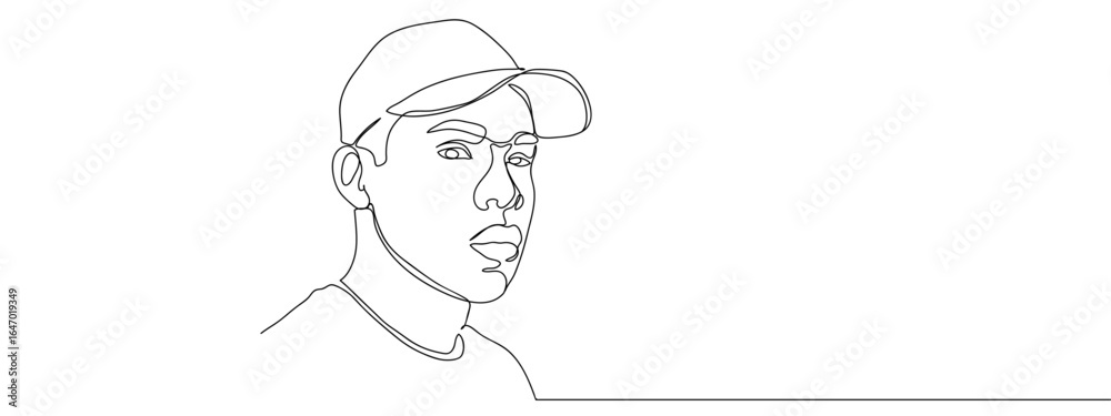 Fototapeta premium Continuous line drawing of a black man wearing a cap, isolated on transparent background, editable stroke.