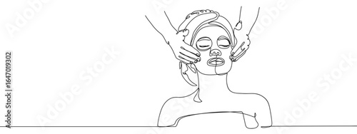 Continuous hand drawn line of woman face spa facial hand hand massage face isolated on transparent background editable stroke