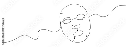 Continuous hand drawn line of skincare face mask sheet, isolated on transparent background, editable stroke.