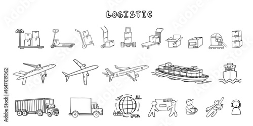 Set of logistics theme in doodle style. Pushcart, cargo. Sea transportation, air transportation, truck transportation, transport. Messenger