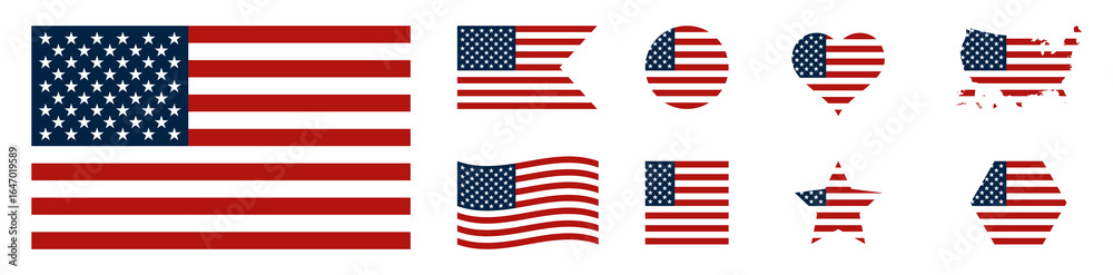 Fototapeta premium USA Flag Icons Set – Stars and Stripes Shapes and Map Vector
