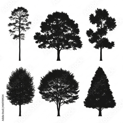 Set of tree silhouettes isolated on white background