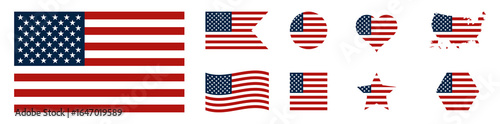 USA Flag Icons Set – Stars and Stripes Shapes and Map Vector