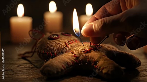 Creepy Voodoo Doll with Pins and Lit Candles in Dark, Mysterious Ritual Setting for Halloween Horror and Black Magic Concepts