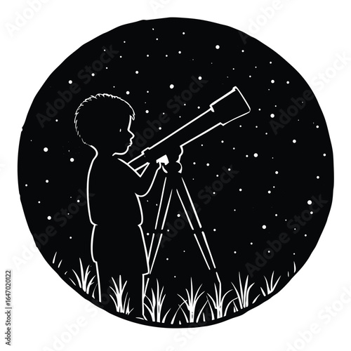 Child observing stars with telescope silhouette tripod