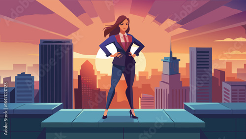Businesswoman standing on a rooftop overlooking a cityscape at sunset with hands on her hips proudly