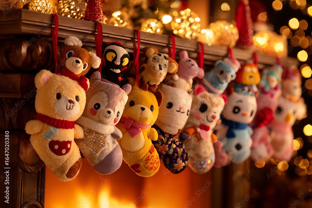Fototapeta premium Cozy Christmas stockings hanging over a warm fireplace, perfect for holiday greetings, family memories, and festive decor