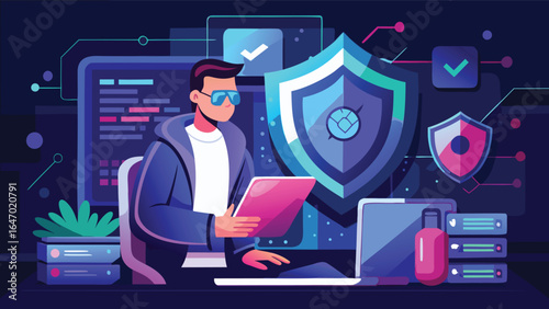 A coder in a hoodie working on a computer with security shields and check marks in the background