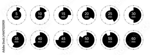 Circular Timer Icons 5–60 Minutes – Countdown Progress Set