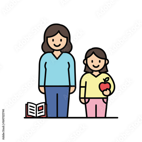Illustration of a man pointing at a girl reading a book, both smiling, against a white background.
