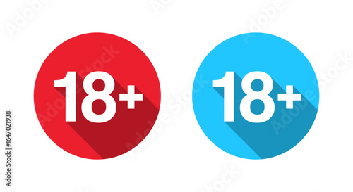 18+ age limit icon with long shadow. Eighteen plus symbol in red circle. Adult only content sign
