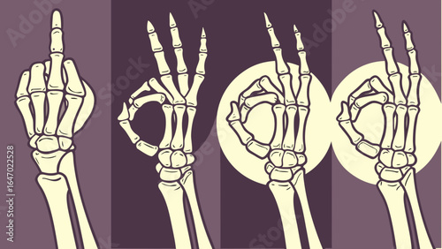 Skeleton hand gestures illustration for halloween and anatomy with bone fingers and hand anatomy chart design