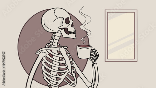 Skeleton drinking coffee illustration art print design for halloween and gothic home decor aesthetic artwork