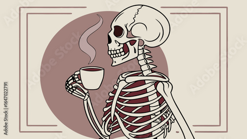 Skeleton drinking coffee halloween spooky funny illustration coffee lover caffeine addict skeleton art design graphic