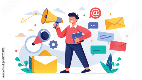 Illustration of a man holding a megaphone with emails and speech bubbles around him promoting marketing