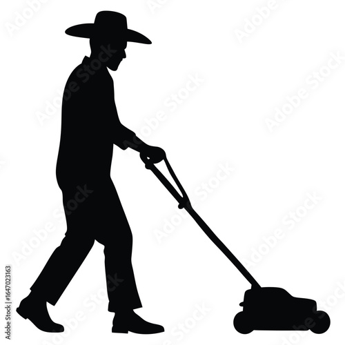Man mowing lawn with hat silhouette grass