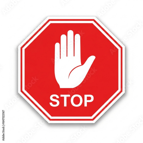 Stop sign with hand isolated on white background, traffic and safety