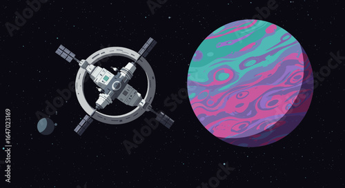 Futuristic Space Station Orbiting Colorful Alien Planet