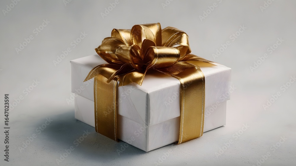Obraz premium Elegant white gift box with a shimmering gold ribbon bow