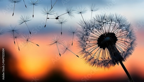 Silhouette of Dandelion Seeds Gently Floating on the Breeze Against a Vibrant Sunset Sky Background
