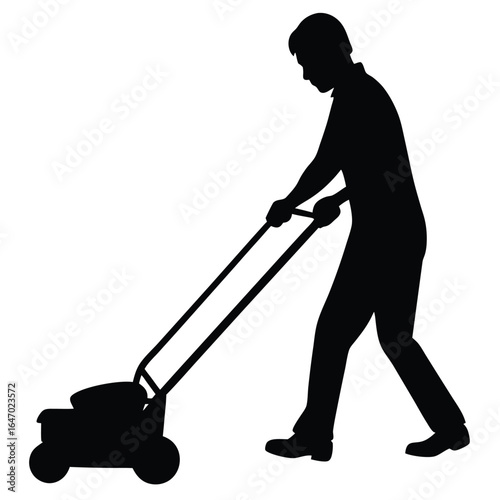 Man pushing a lawnmower silhouette grass cutting