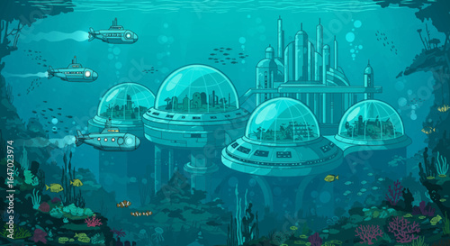 Futuristic Underwater City with Submarines and Domes