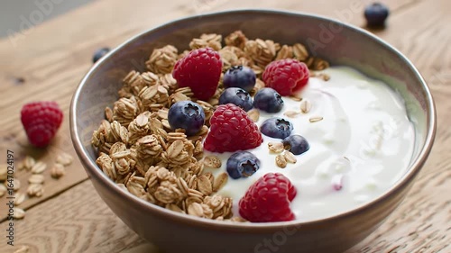 Wallpaper Mural Hand Adding Granola to Yogurt with Berries in Rustic Bowl on Wooden Tabletop Torontodigital.ca