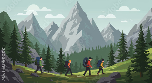Group of hikers trekking through a scenic mountain landscape