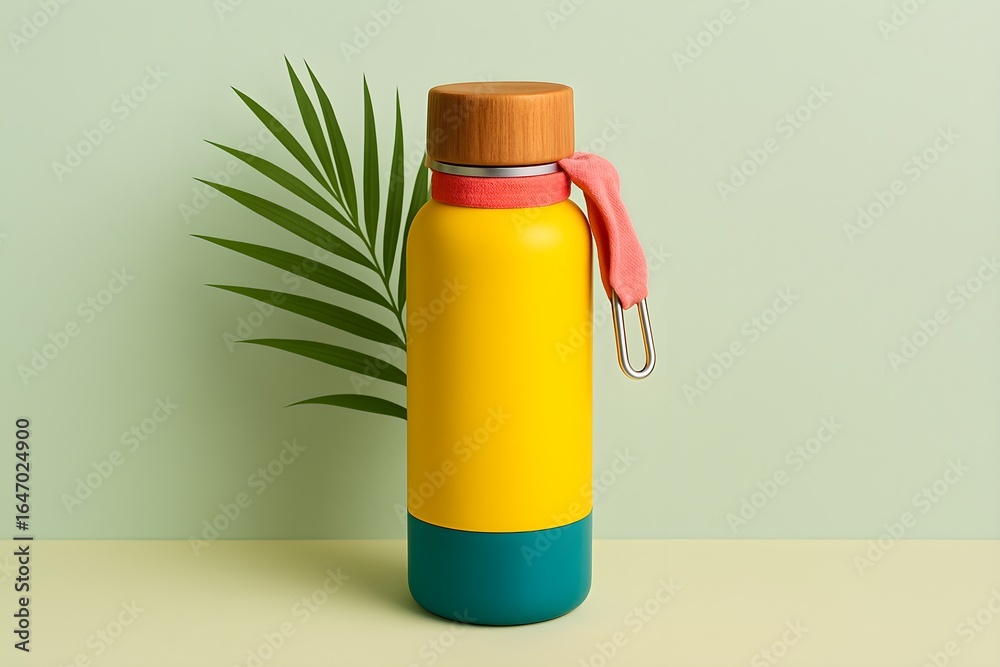 Fototapeta premium Vibrant yellow and teal reusable water bottle with a coral pink strap and wooden lid standing next to a lush green palm leaf against a soft mint green background