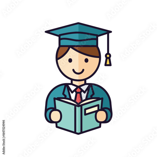 A cartoon icon of a smiling male student wearing a graduation cap and suit while reading a book.