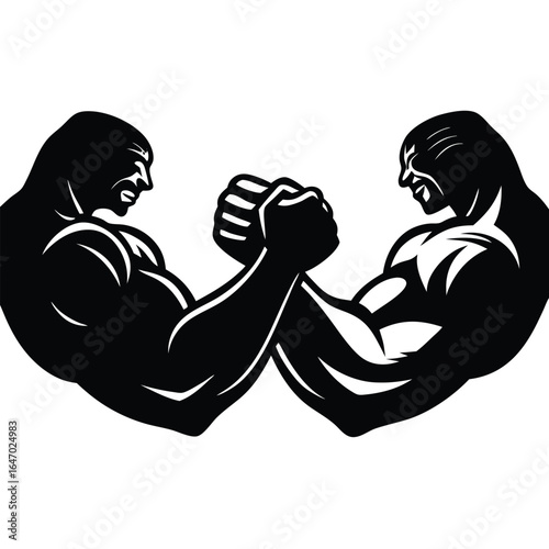 Muscular men arm wrestling strength competition